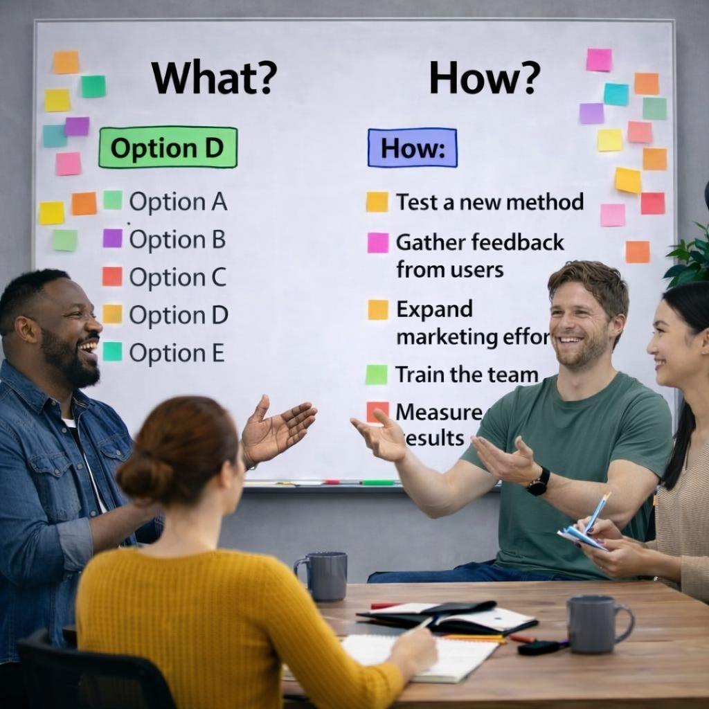 Group of four people discussing options and methods with notes on whiteboard