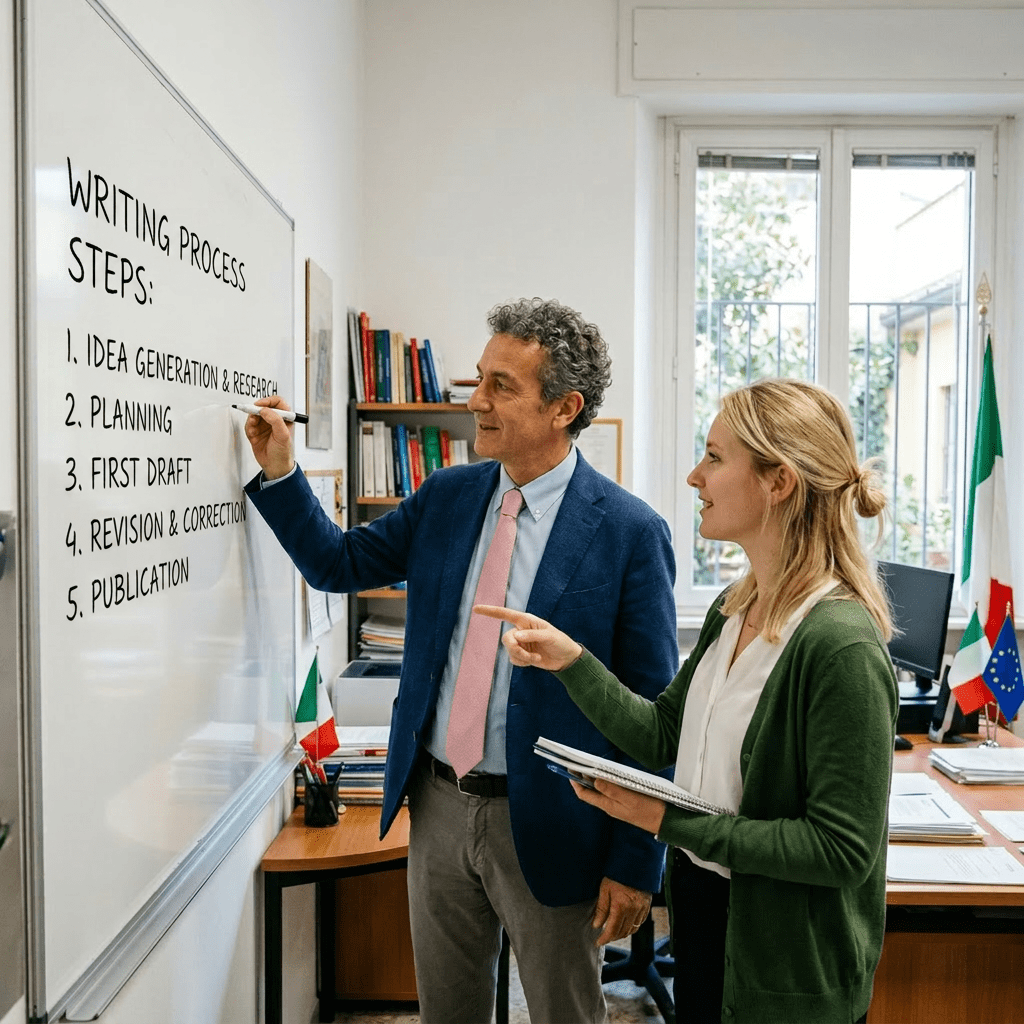 Teacher and student discussing writing process steps in Italian on a whiteboard