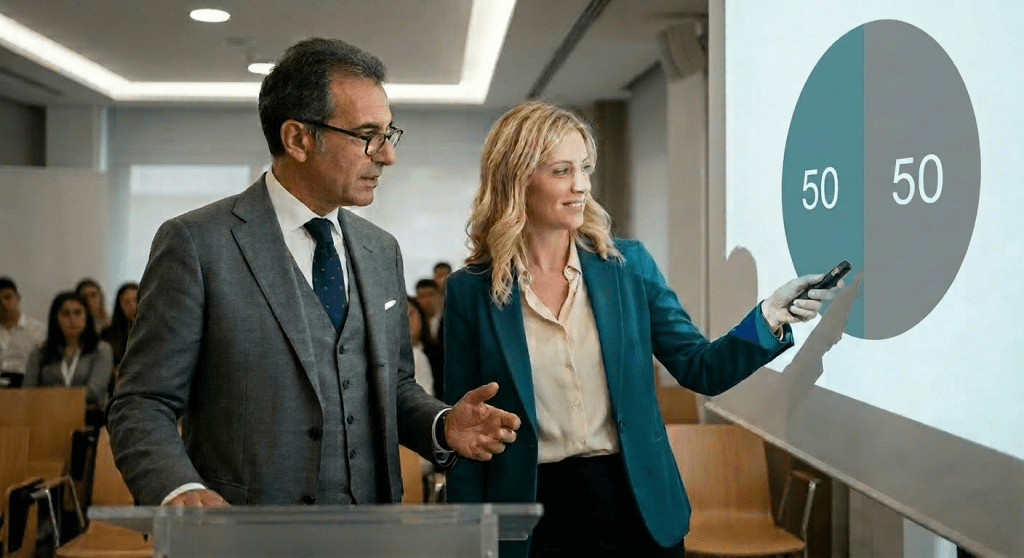 Two people presenting a pie chart on Italian education system review statistics