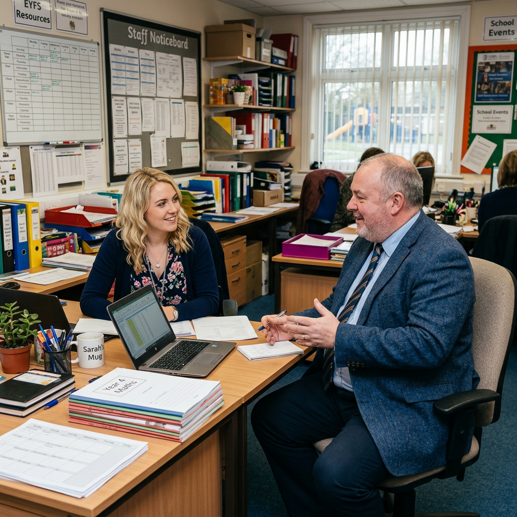 Two teachers talking and working with documents and laptops in a school office